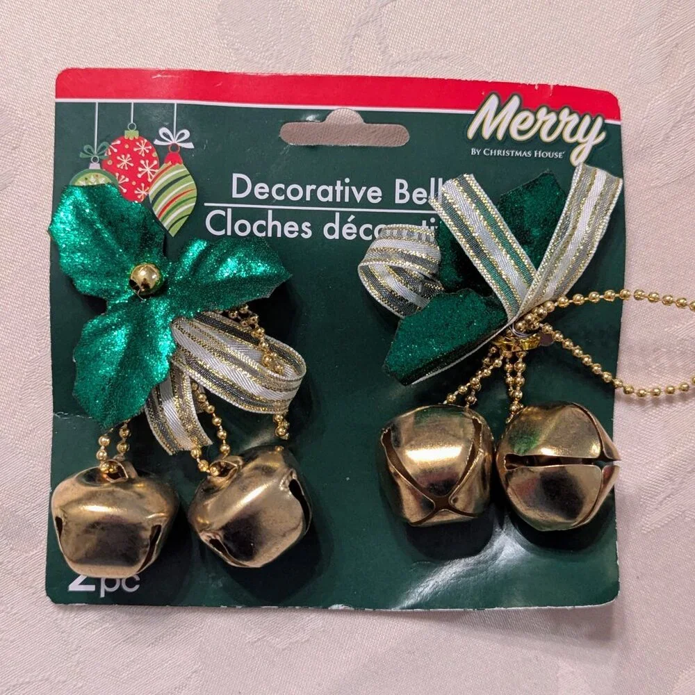 New Set of 2 Retro Merry Ornaments 2 Gold Bells 6 Tinsel Stars Christmas VTG